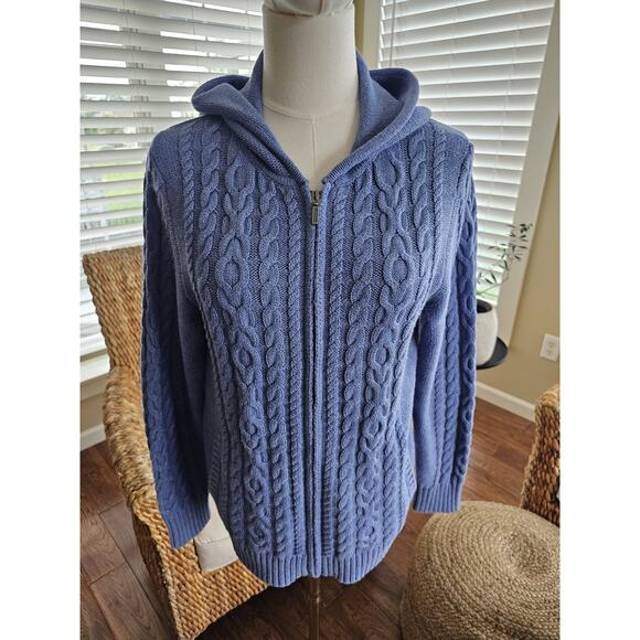 L.L Bean Cable-Knit Zip Up Hooded Sweater Women's M Petite Fisherman Preppy - Picture 1 of 12